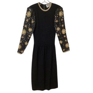 Vintage 80s Neiman Marcus Black Beaded Sequined‎ Cocktail Sweater Dress Size 10